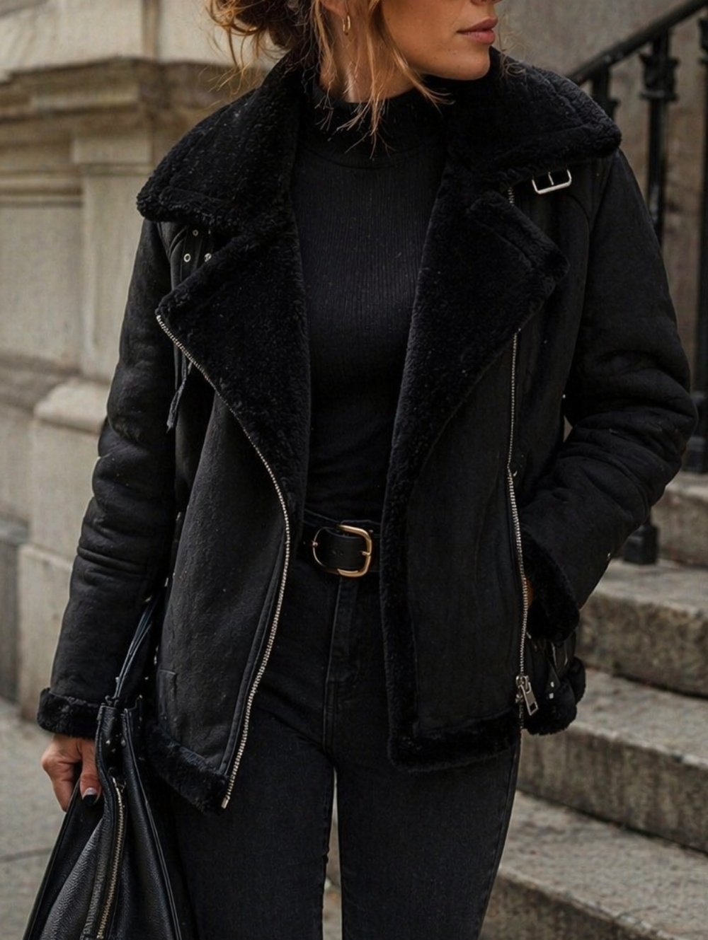 Topshop Black Faux Suede Shearling Moto Jacket Oversized Biker Zip Coat Cozy